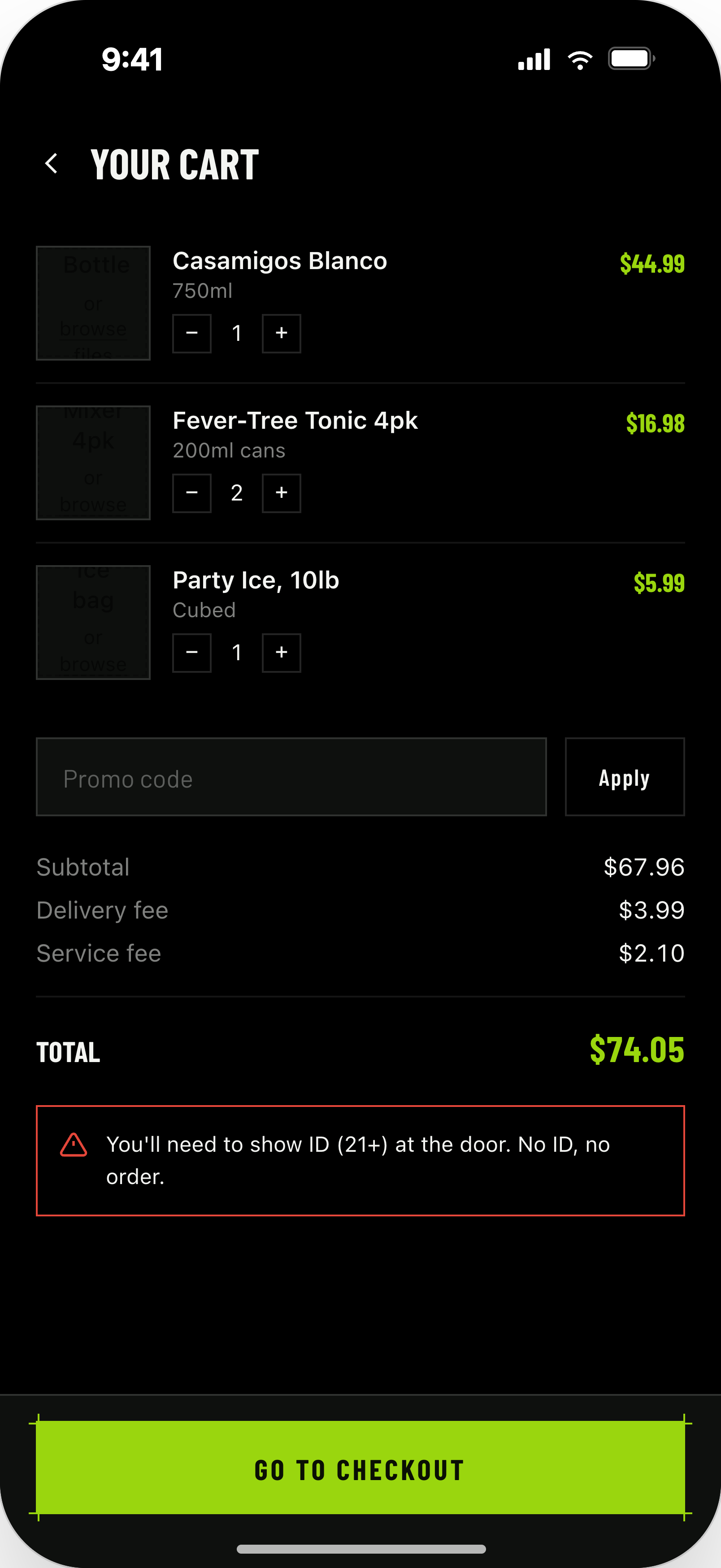 BarDash app cart with live cutoff timer